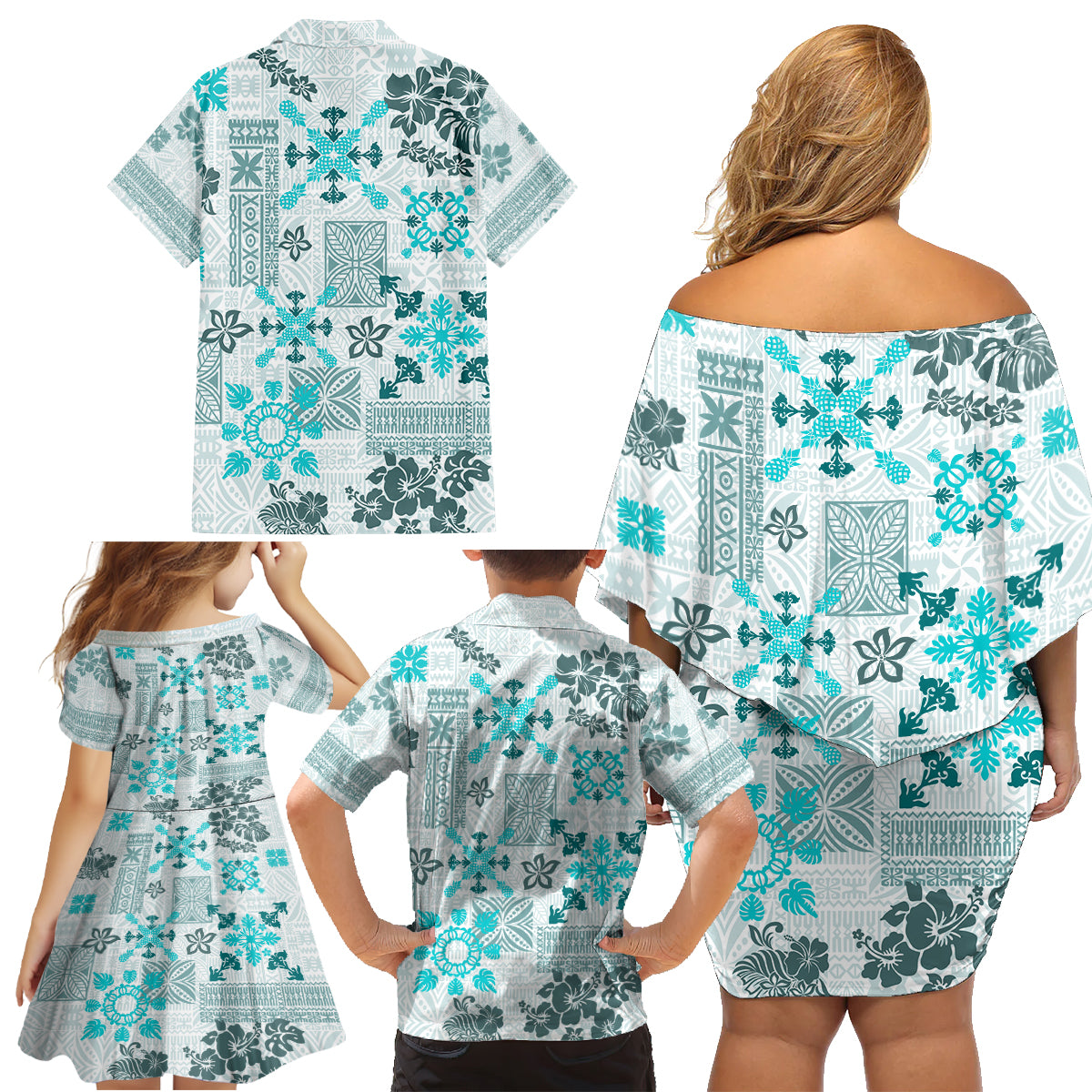 Hawaii Tapa Tribal Family Matching Off Shoulder Short Dress and Hawaiian Shirt With Hawaiian Quilt Pattern Aqua LT9 - Wonder Print Shop