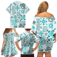 Hawaii Tapa Tribal Family Matching Off Shoulder Short Dress and Hawaiian Shirt With Hawaiian Quilt Pattern Aqua LT9 - Wonder Print Shop