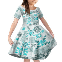Hawaii Tapa Tribal Family Matching Puletasi Dress and Hawaiian Shirt With Hawaiian Quilt Pattern Aqua - Wonder Print Shop