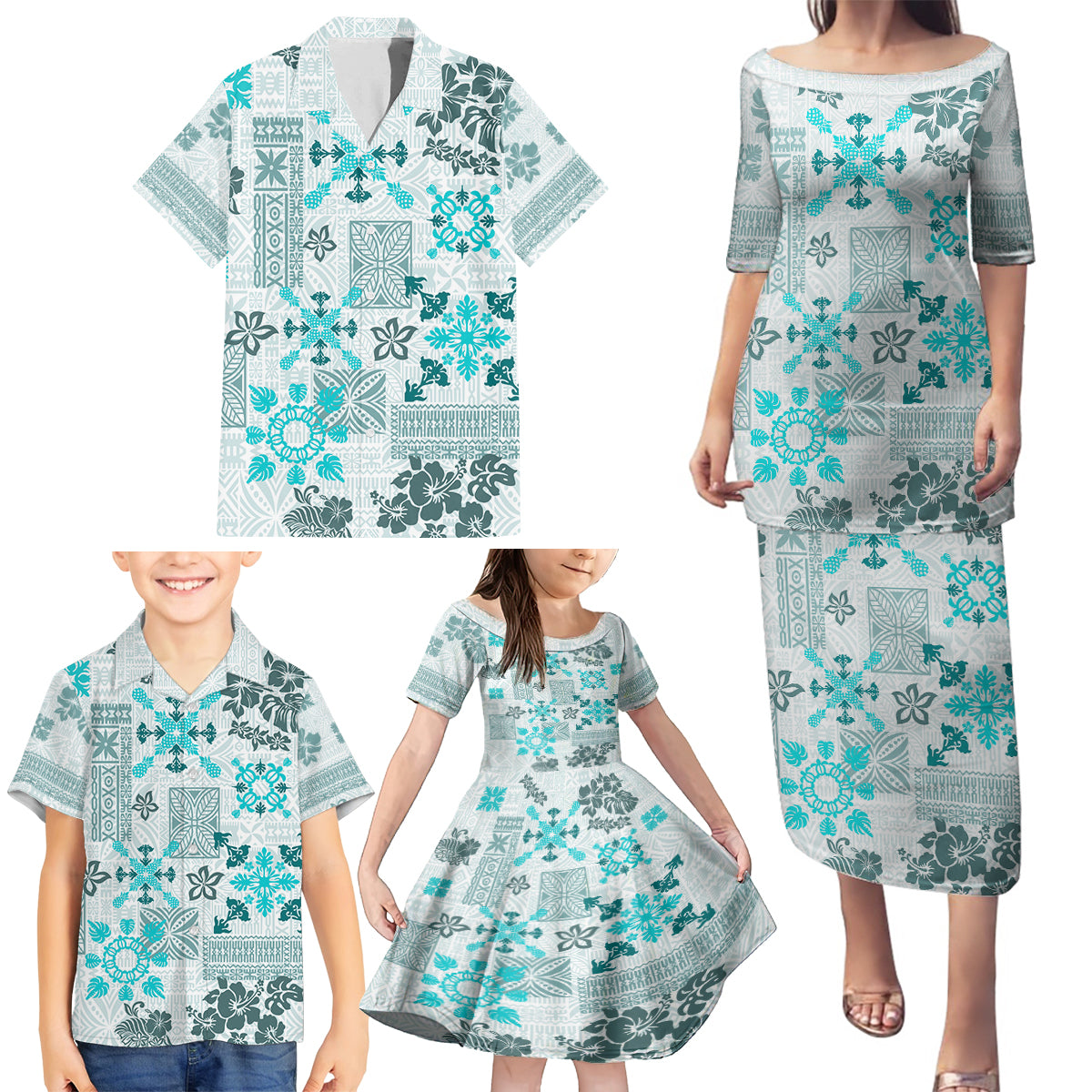 Hawaii Tapa Tribal Family Matching Puletasi Dress and Hawaiian Shirt With Hawaiian Quilt Pattern Aqua - Wonder Print Shop