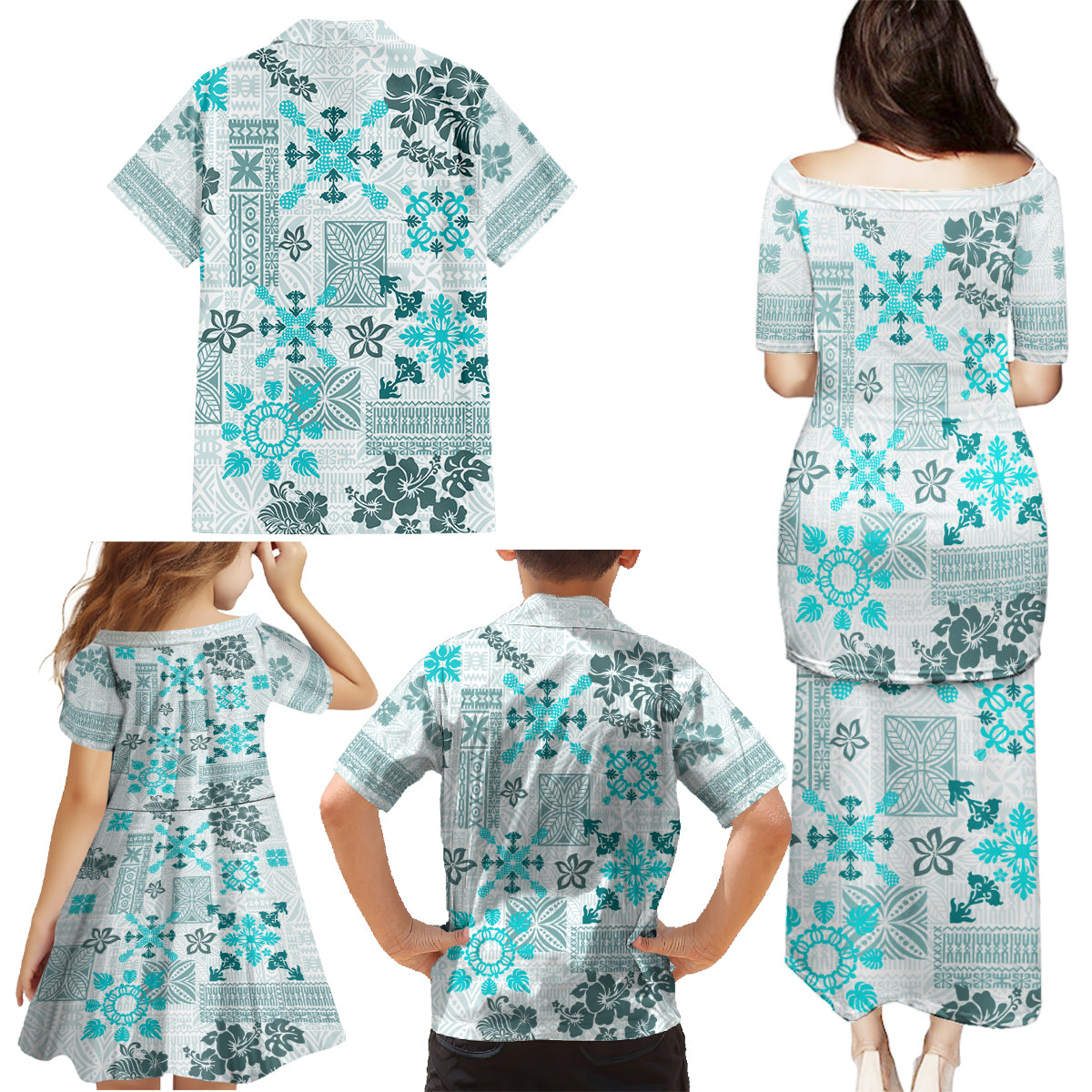 Hawaii Tapa Tribal Family Matching Puletasi Dress and Hawaiian Shirt With Hawaiian Quilt Pattern Aqua - Wonder Print Shop