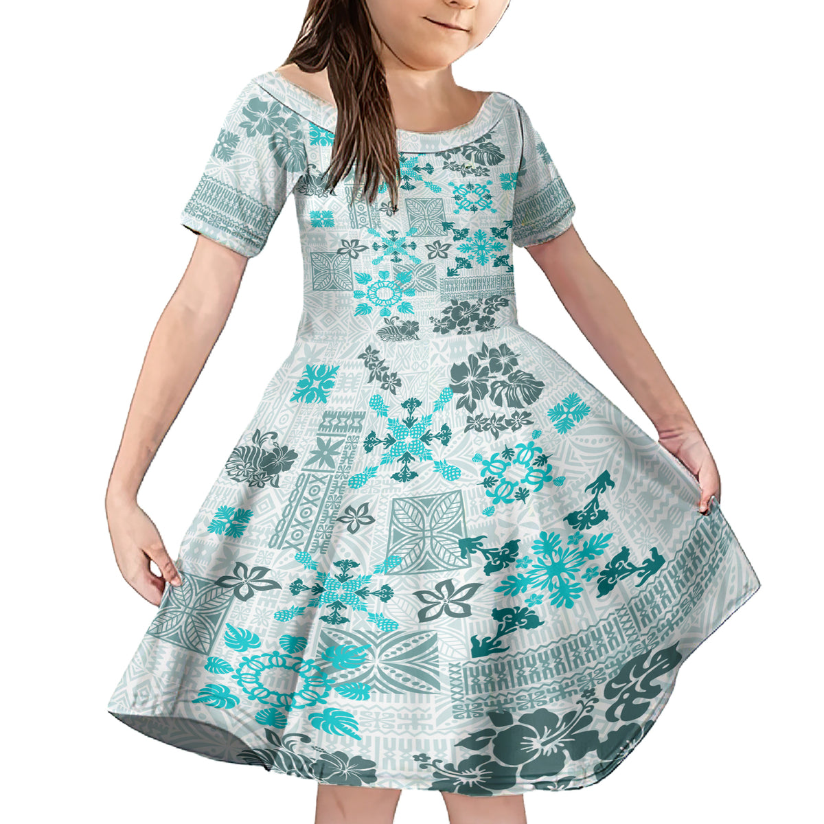 Hawaii Tapa Tribal Family Matching Short Sleeve Bodycon Dress and Hawaiian Shirt With Hawaiian Quilt Pattern Aqua - Wonder Print Shop