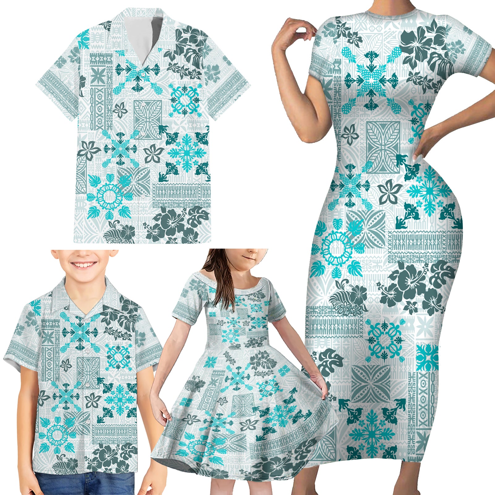 Hawaii Tapa Tribal Family Matching Short Sleeve Bodycon Dress and Hawaiian Shirt With Hawaiian Quilt Pattern Aqua - Wonder Print Shop