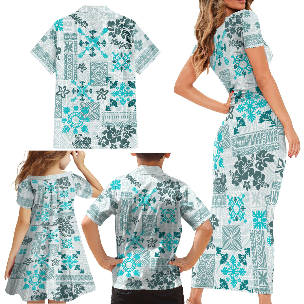 Hawaii Tapa Tribal Family Matching Short Sleeve Bodycon Dress and Hawaiian Shirt With Hawaiian Quilt Pattern Aqua - Wonder Print Shop