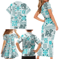 Hawaii Tapa Tribal Family Matching Short Sleeve Bodycon Dress and Hawaiian Shirt With Hawaiian Quilt Pattern Aqua - Wonder Print Shop
