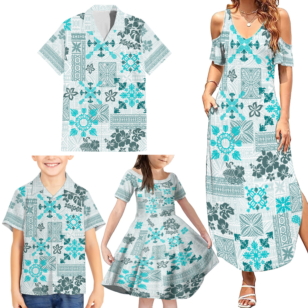 Hawaii Tapa Tribal Family Matching Summer Maxi Dress and Hawaiian Shirt With Hawaiian Quilt Pattern Aqua - Wonder Print Shop