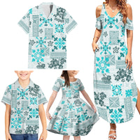 Hawaii Tapa Tribal Family Matching Summer Maxi Dress and Hawaiian Shirt With Hawaiian Quilt Pattern Aqua - Wonder Print Shop