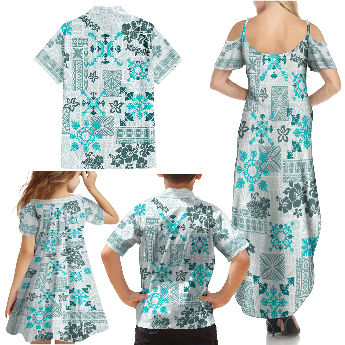 Hawaii Tapa Tribal Family Matching Summer Maxi Dress and Hawaiian Shirt With Hawaiian Quilt Pattern Aqua - Wonder Print Shop