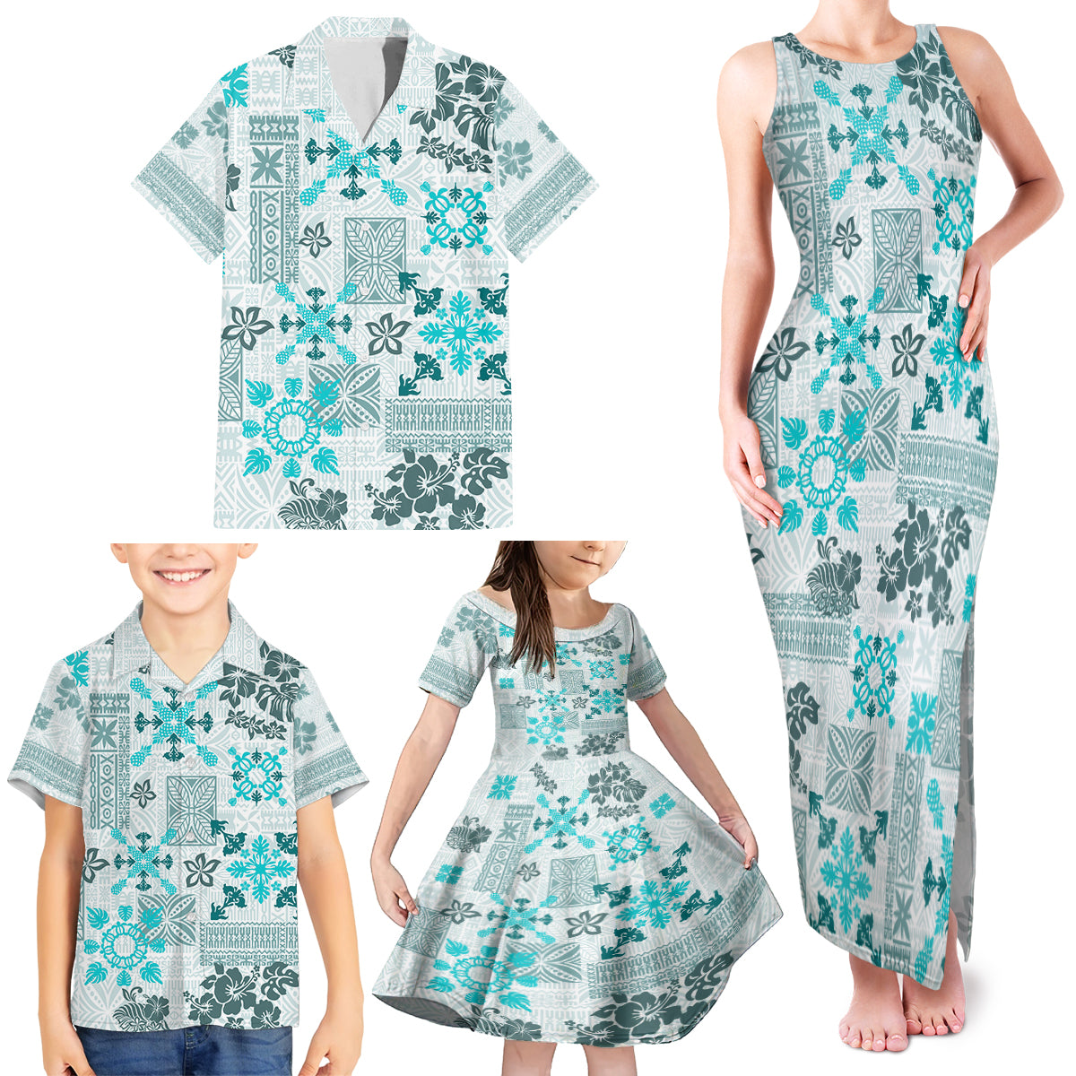 Hawaii Tapa Tribal Family Matching Tank Maxi Dress and Hawaiian Shirt With Hawaiian Quilt Pattern Aqua - Wonder Print Shop