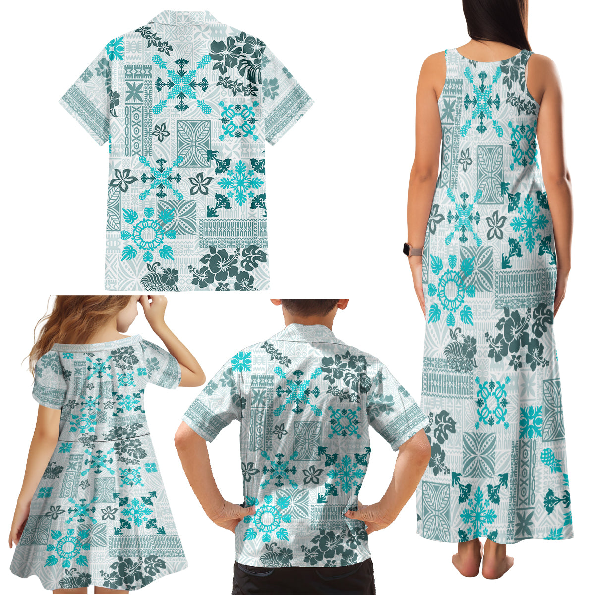 Hawaii Tapa Tribal Family Matching Tank Maxi Dress and Hawaiian Shirt With Hawaiian Quilt Pattern Aqua - Wonder Print Shop