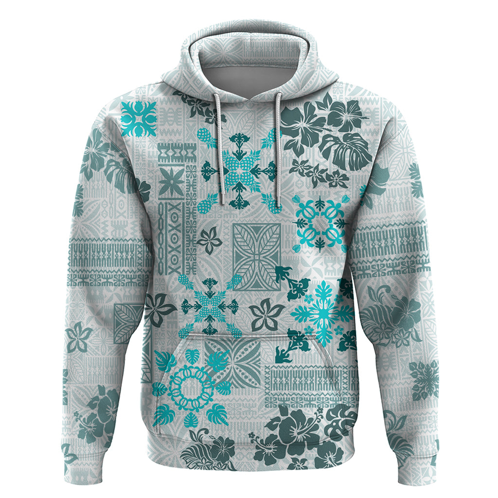 Hawaii Tapa Tribal Hoodie With Hawaiian Quilt Pattern Aqua - Wonder Print Shop