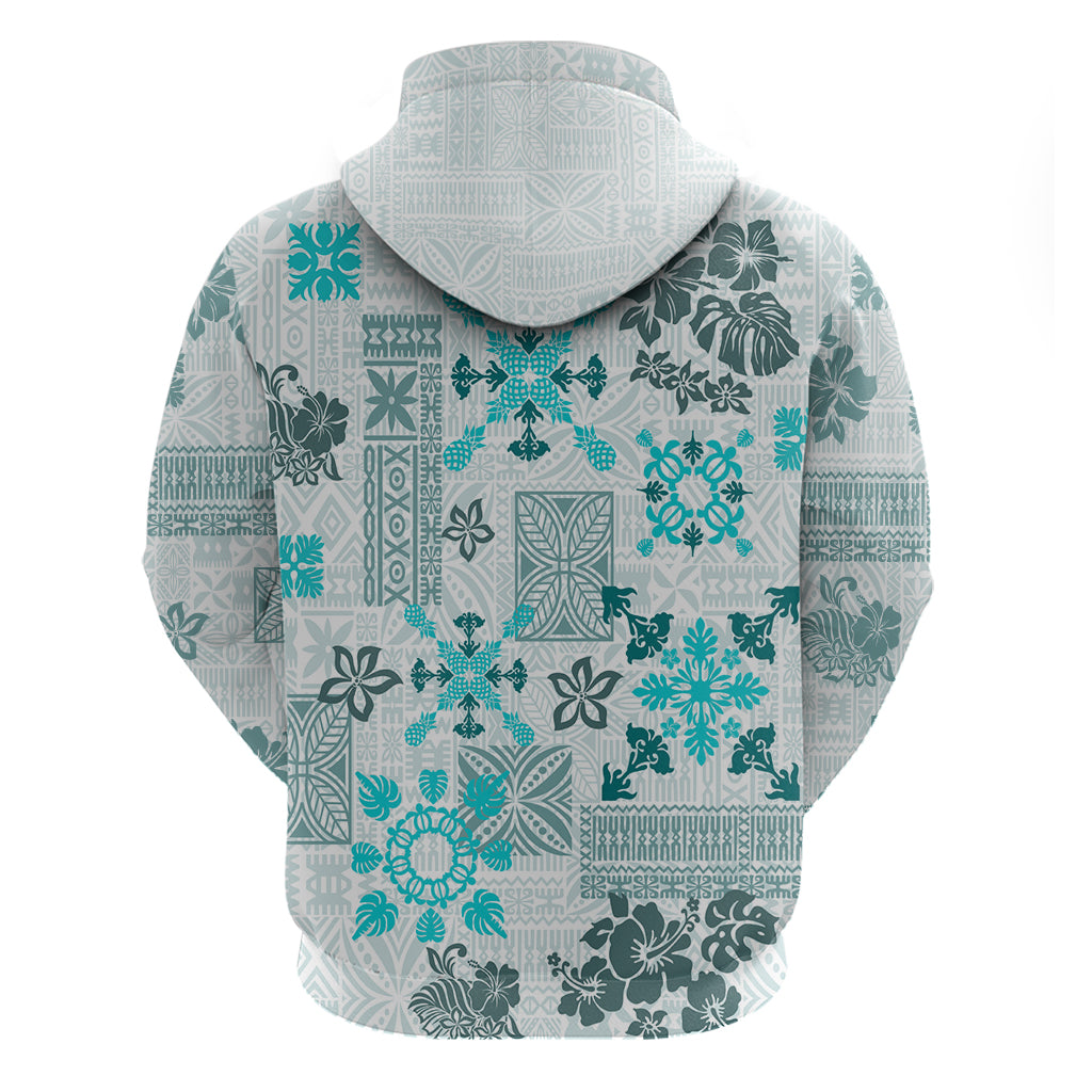 Hawaii Tapa Tribal Hoodie With Hawaiian Quilt Pattern Aqua - Wonder Print Shop