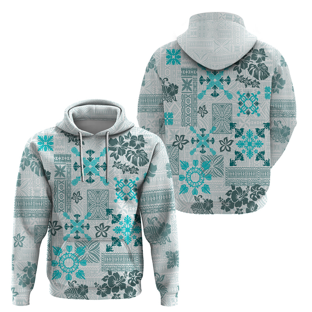 Hawaii Tapa Tribal Hoodie With Hawaiian Quilt Pattern Aqua - Wonder Print Shop