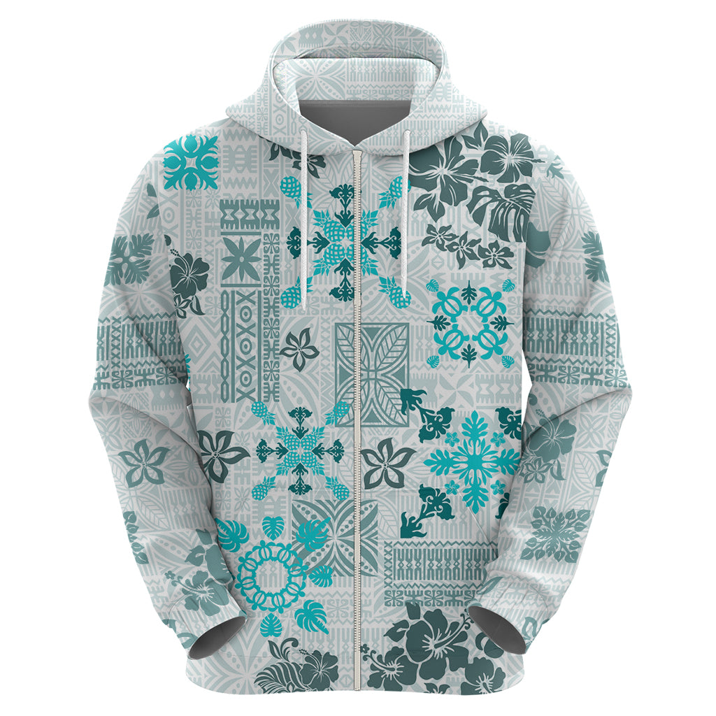 Hawaii Tapa Tribal Hoodie With Hawaiian Quilt Pattern Aqua - Wonder Print Shop