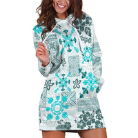 Hawaii Tapa Tribal Hoodie Dress With Hawaiian Quilt Pattern Aqua - Wonder Print Shop