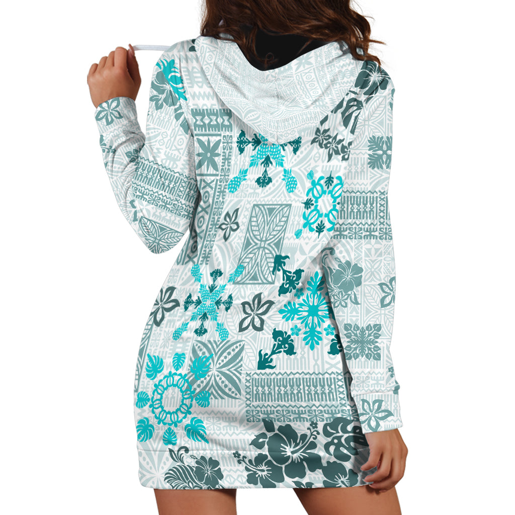 Hawaii Tapa Tribal Hoodie Dress With Hawaiian Quilt Pattern Aqua - Wonder Print Shop