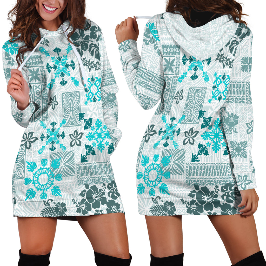 Hawaii Tapa Tribal Hoodie Dress With Hawaiian Quilt Pattern Aqua - Wonder Print Shop