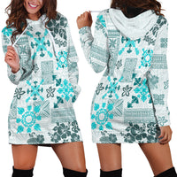 Hawaii Tapa Tribal Hoodie Dress With Hawaiian Quilt Pattern Aqua - Wonder Print Shop