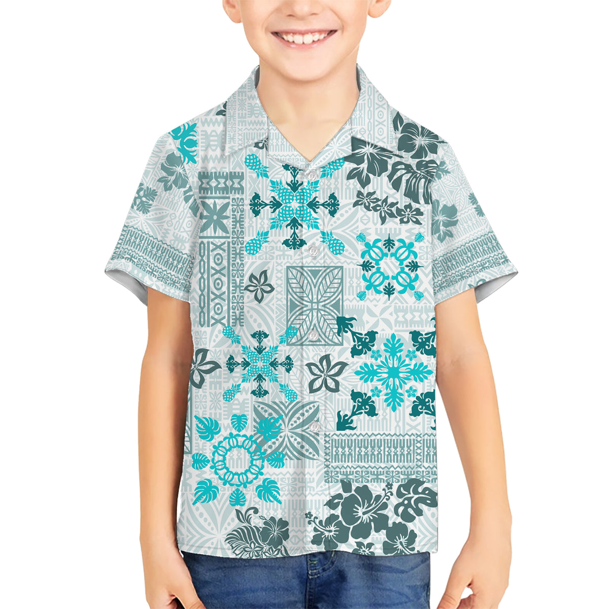 Hawaii Tapa Tribal Kid Hawaiian Shirt With Hawaiian Quilt Pattern Aqua - Wonder Print Shop