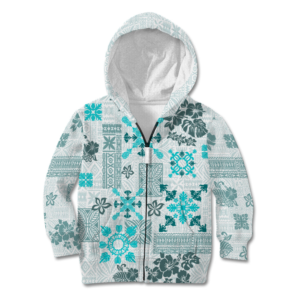 Hawaii Tapa Tribal Kid Hoodie With Hawaiian Quilt Pattern Aqua - Wonder Print Shop