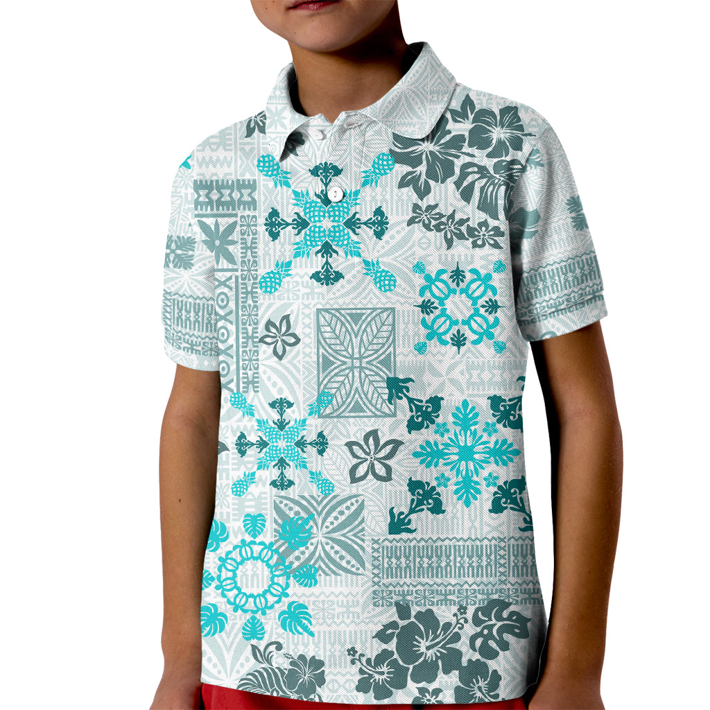 Hawaii Tapa Tribal Kid Polo Shirt With Hawaiian Quilt Pattern Aqua - Wonder Print Shop