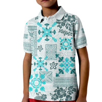 Hawaii Tapa Tribal Kid Polo Shirt With Hawaiian Quilt Pattern Aqua - Wonder Print Shop