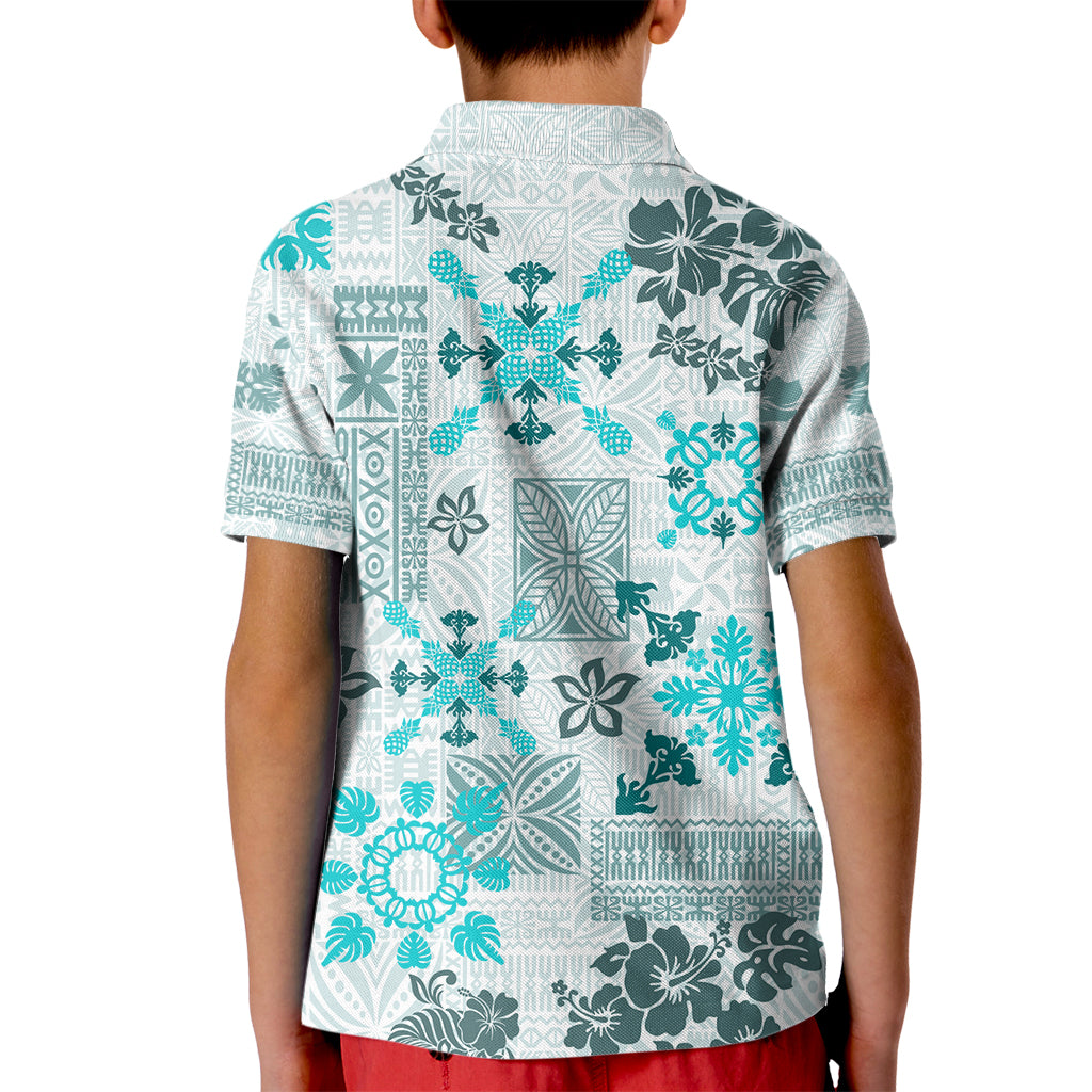 Hawaii Tapa Tribal Kid Polo Shirt With Hawaiian Quilt Pattern Aqua - Wonder Print Shop