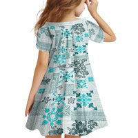 Hawaii Tapa Tribal Kid Short Sleeve Dress With Hawaiian Quilt Pattern Aqua - Wonder Print Shop