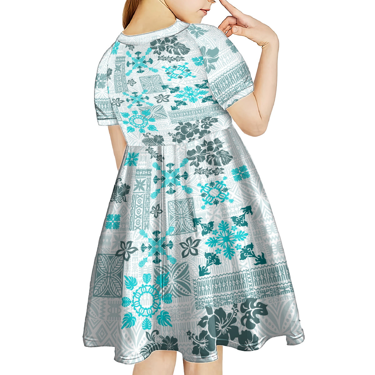 Hawaii Tapa Tribal Kid Short Sleeve Dress With Hawaiian Quilt Pattern Aqua - Wonder Print Shop