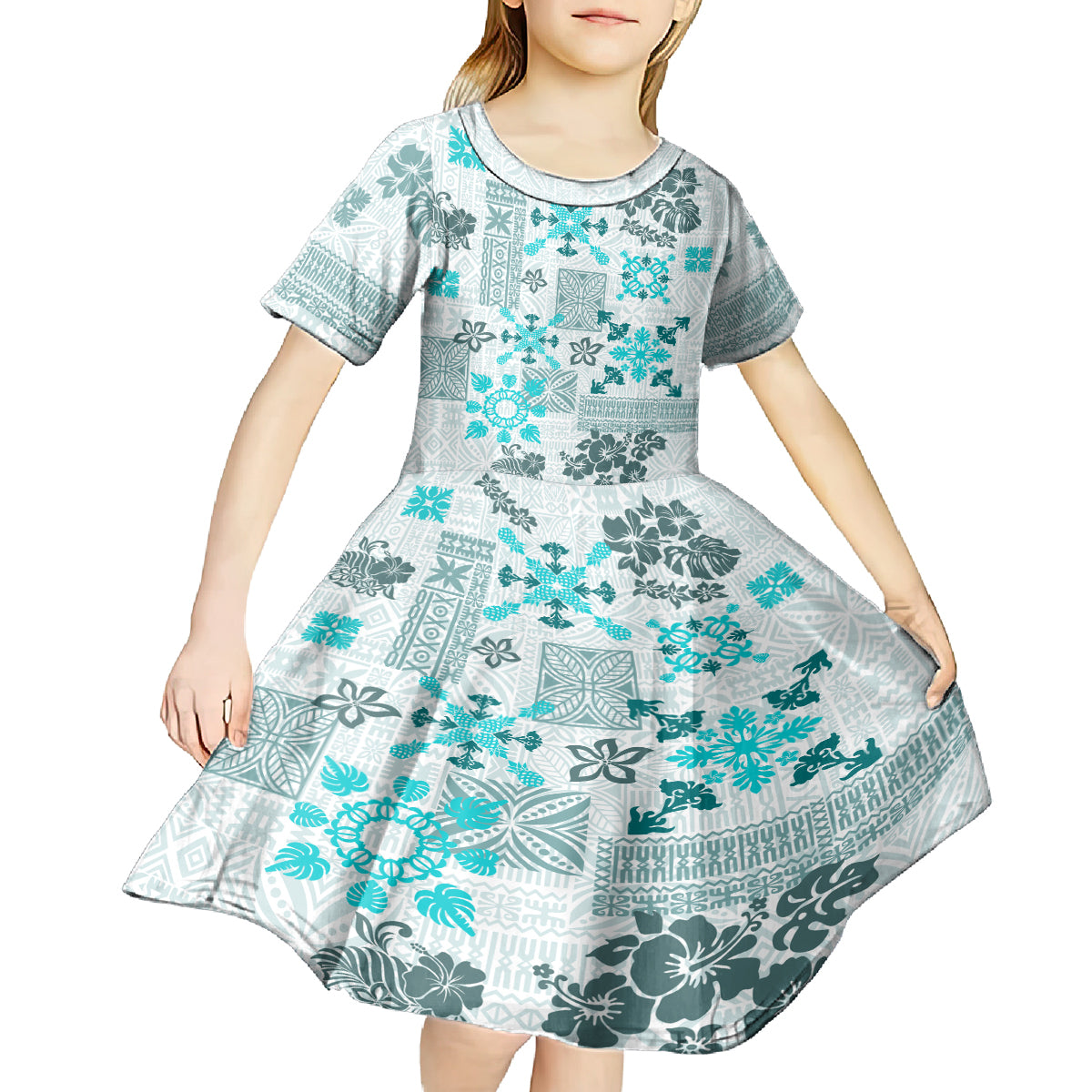 Hawaii Tapa Tribal Kid Short Sleeve Dress With Hawaiian Quilt Pattern Aqua - Wonder Print Shop