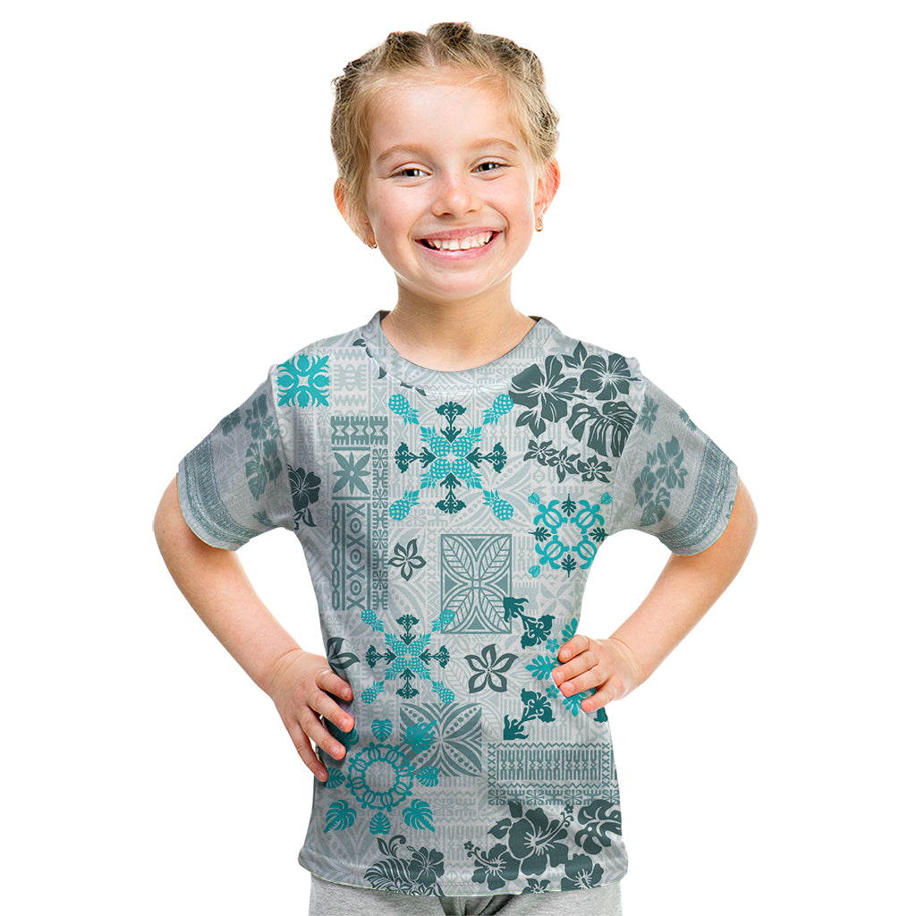 Hawaii Tapa Tribal Kid T Shirt With Hawaiian Quilt Pattern Aqua - Wonder Print Shop