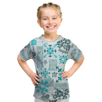 Hawaii Tapa Tribal Kid T Shirt With Hawaiian Quilt Pattern Aqua - Wonder Print Shop