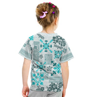 Hawaii Tapa Tribal Kid T Shirt With Hawaiian Quilt Pattern Aqua - Wonder Print Shop