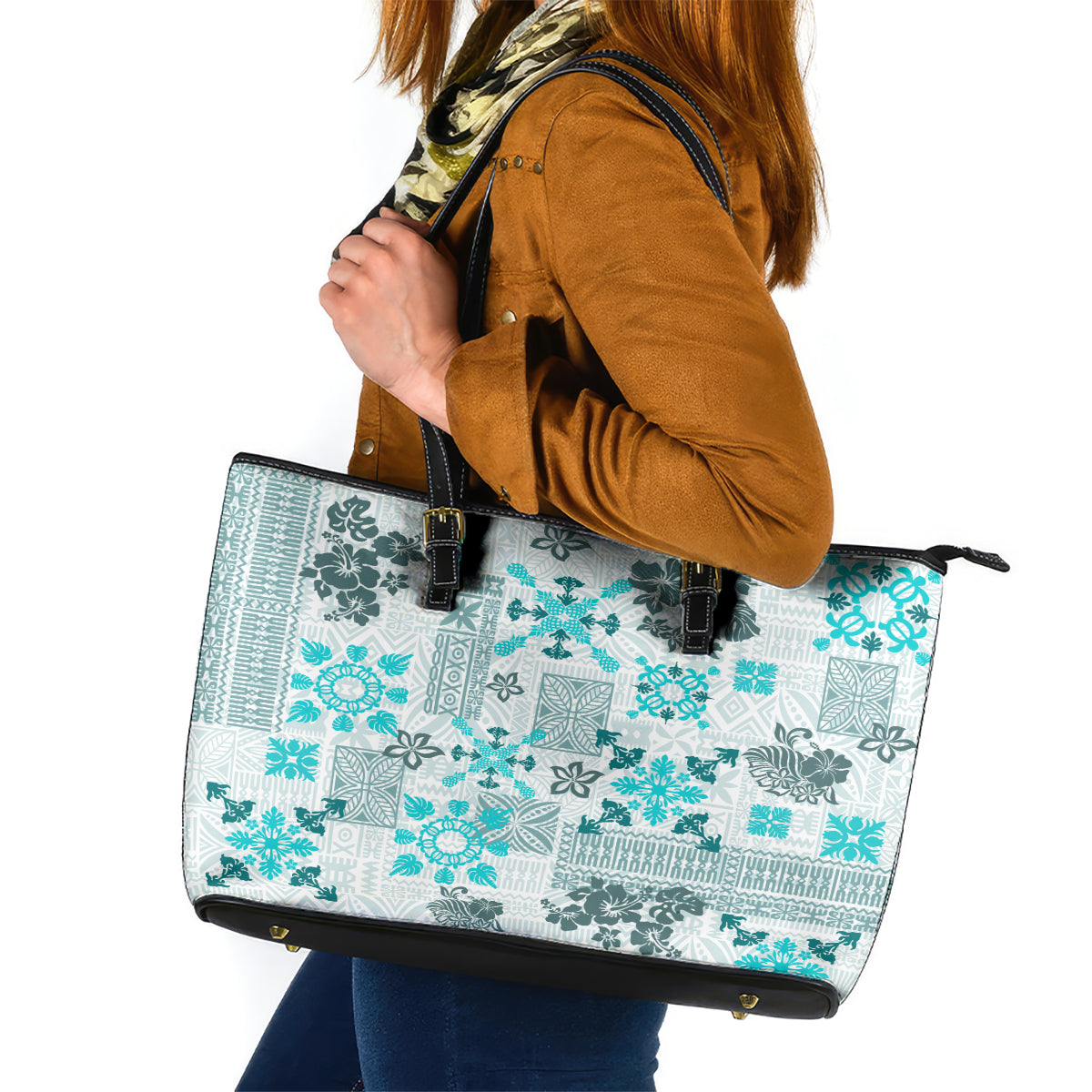 Hawaii Tapa Tribal Leather Tote Bag With Hawaiian Quilt Pattern Aqua - Wonder Print Shop