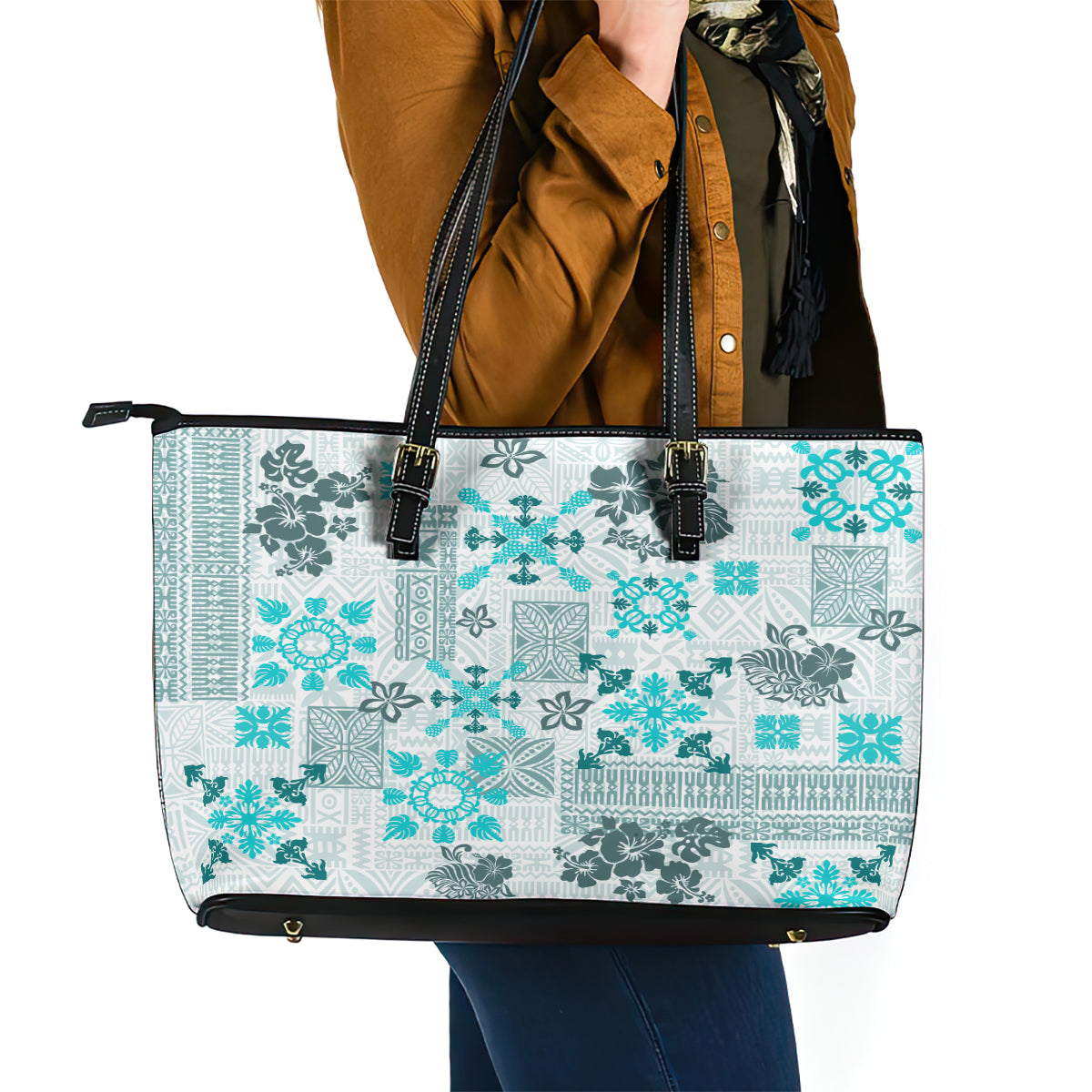 Hawaii Tapa Tribal Leather Tote Bag With Hawaiian Quilt Pattern Aqua - Wonder Print Shop
