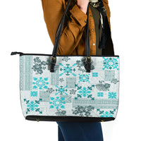 Hawaii Tapa Tribal Leather Tote Bag With Hawaiian Quilt Pattern Aqua - Wonder Print Shop