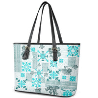 Hawaii Tapa Tribal Leather Tote Bag With Hawaiian Quilt Pattern Aqua - Wonder Print Shop