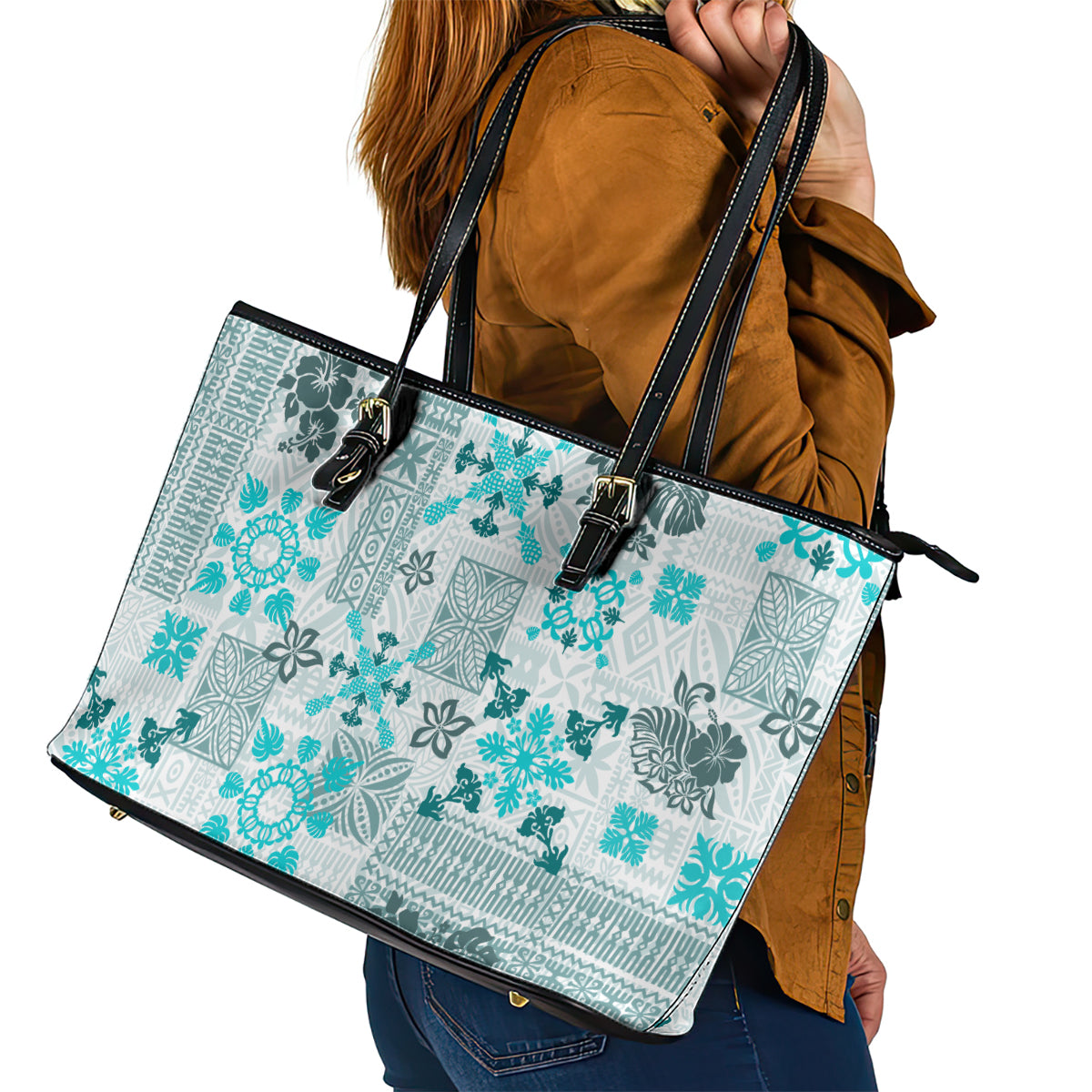 Hawaii Tapa Tribal Leather Tote Bag With Hawaiian Quilt Pattern Aqua - Wonder Print Shop