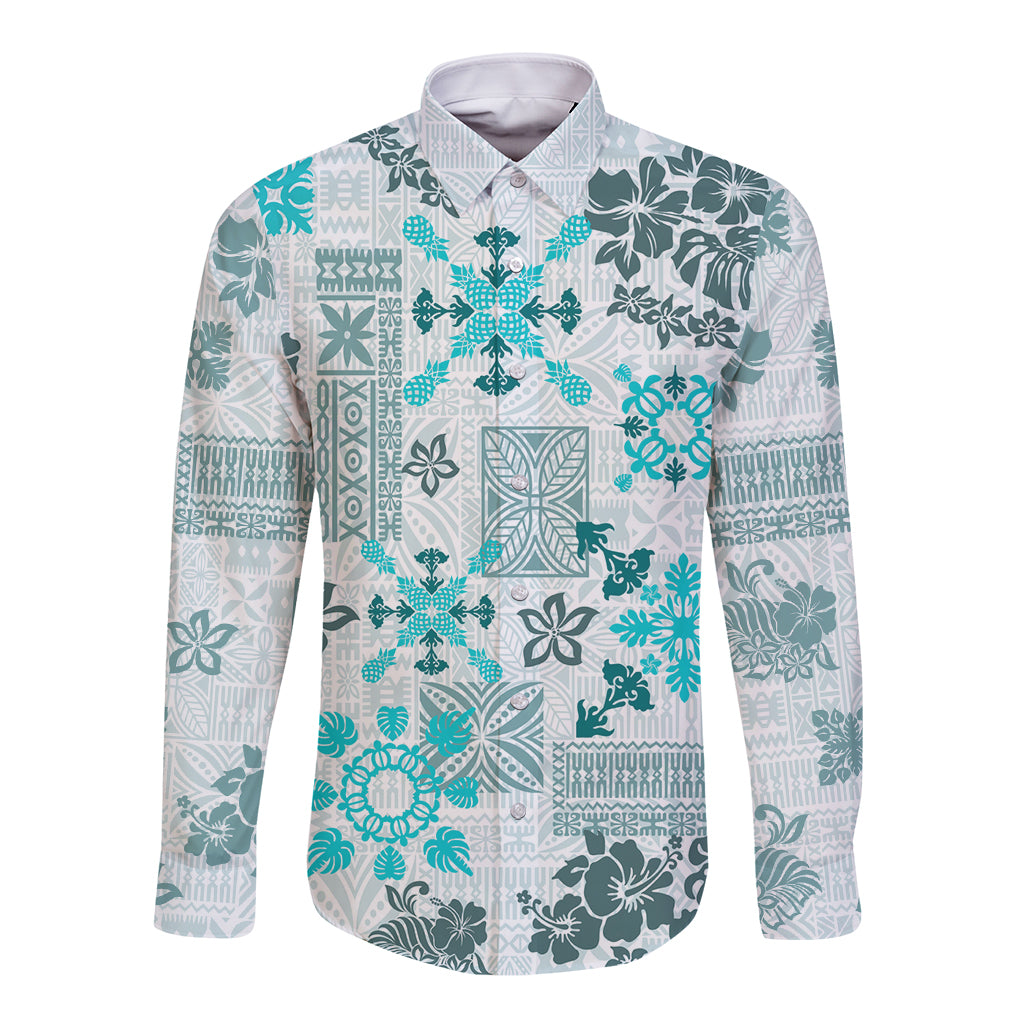 Hawaii Tapa Tribal Long Sleeve Button Shirt With Hawaiian Quilt Pattern Aqua - Wonder Print Shop