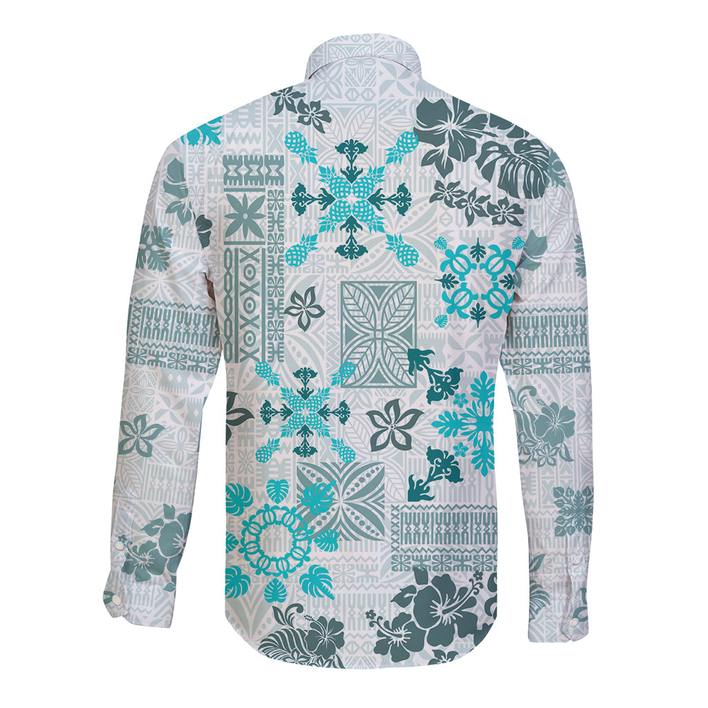 Hawaii Tapa Tribal Long Sleeve Button Shirt With Hawaiian Quilt Pattern Aqua - Wonder Print Shop