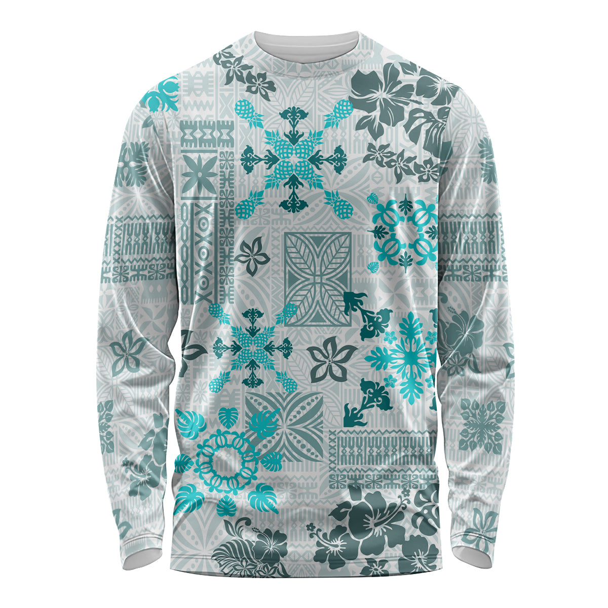 Hawaii Tapa Tribal Long Sleeve Shirt With Hawaiian Quilt Pattern Aqua - Wonder Print Shop