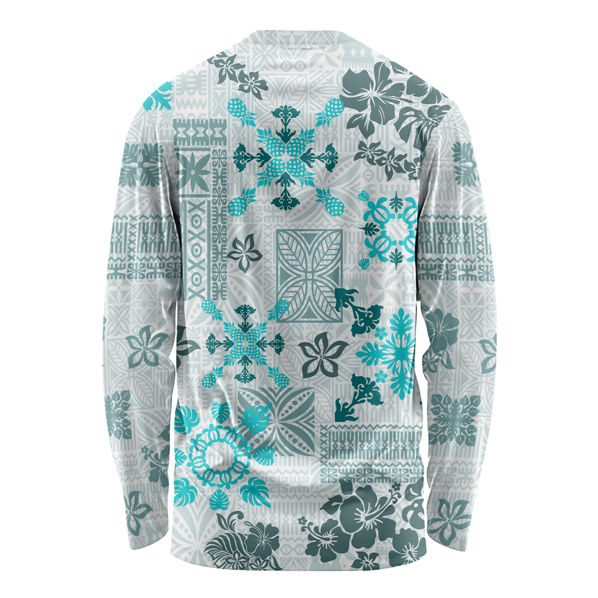 Hawaii Tapa Tribal Long Sleeve Shirt With Hawaiian Quilt Pattern Aqua - Wonder Print Shop