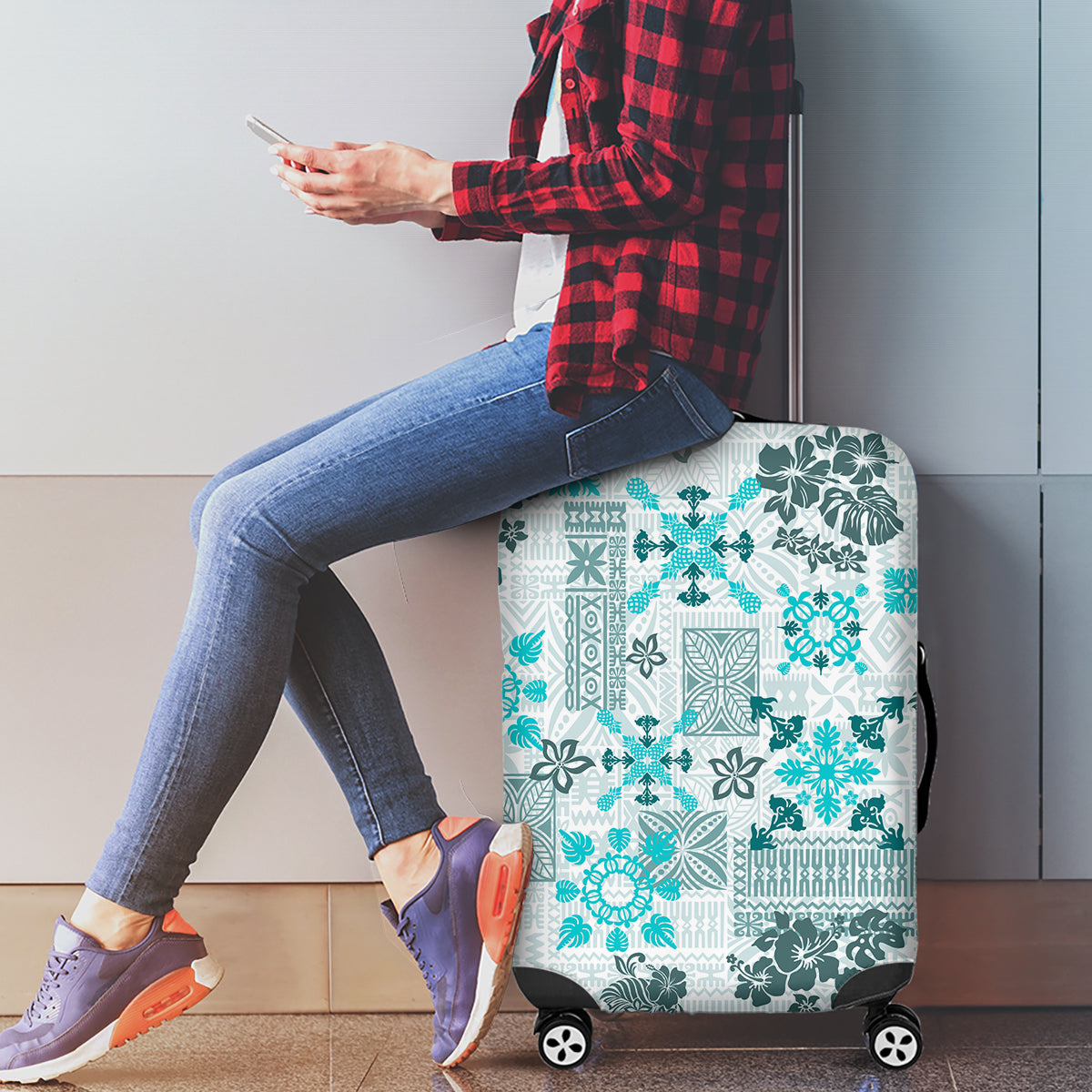 Hawaii Tapa Tribal Luggage Cover With Hawaiian Quilt Pattern Aqua - Wonder Print Shop