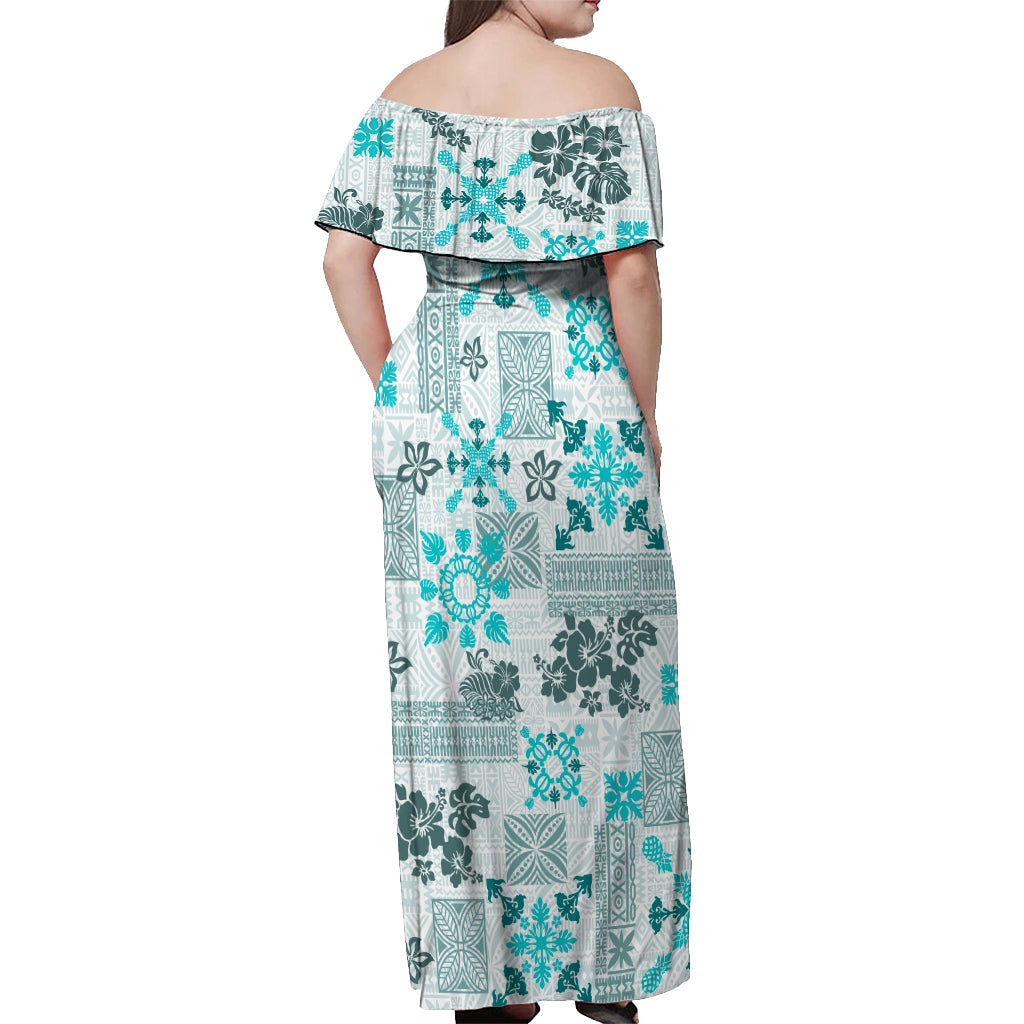 Hawaii Tapa Tribal Off Shoulder Maxi Dress With Hawaiian Quilt Pattern Aqua - Wonder Print Shop
