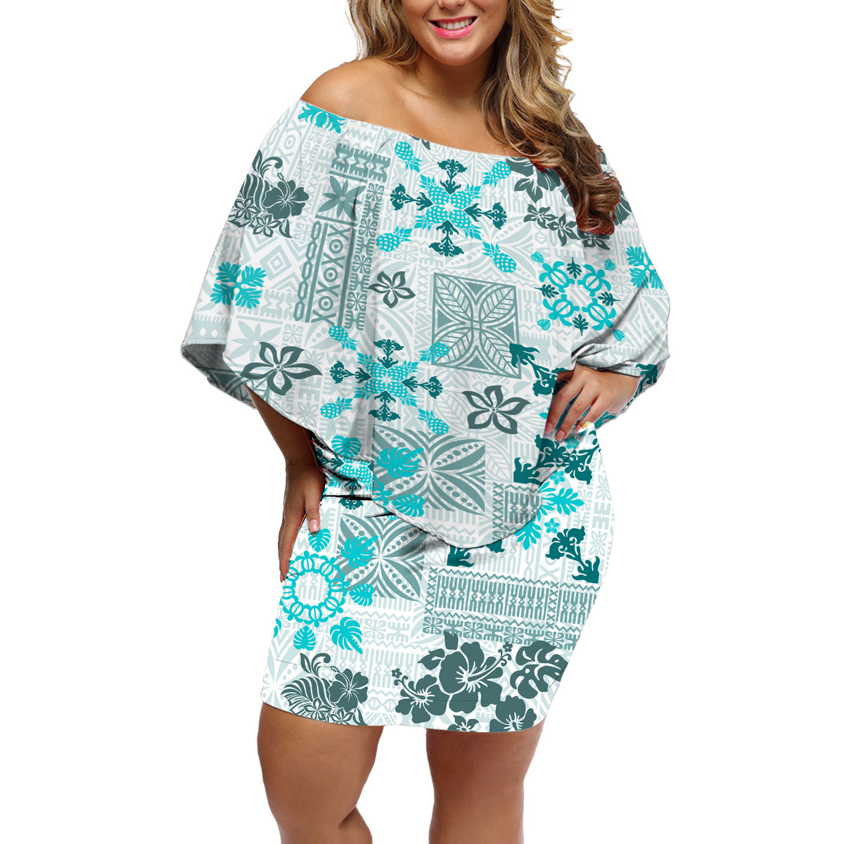 Hawaii Tapa Tribal Off Shoulder Short Dress With Hawaiian Quilt Pattern Aqua - Wonder Print Shop