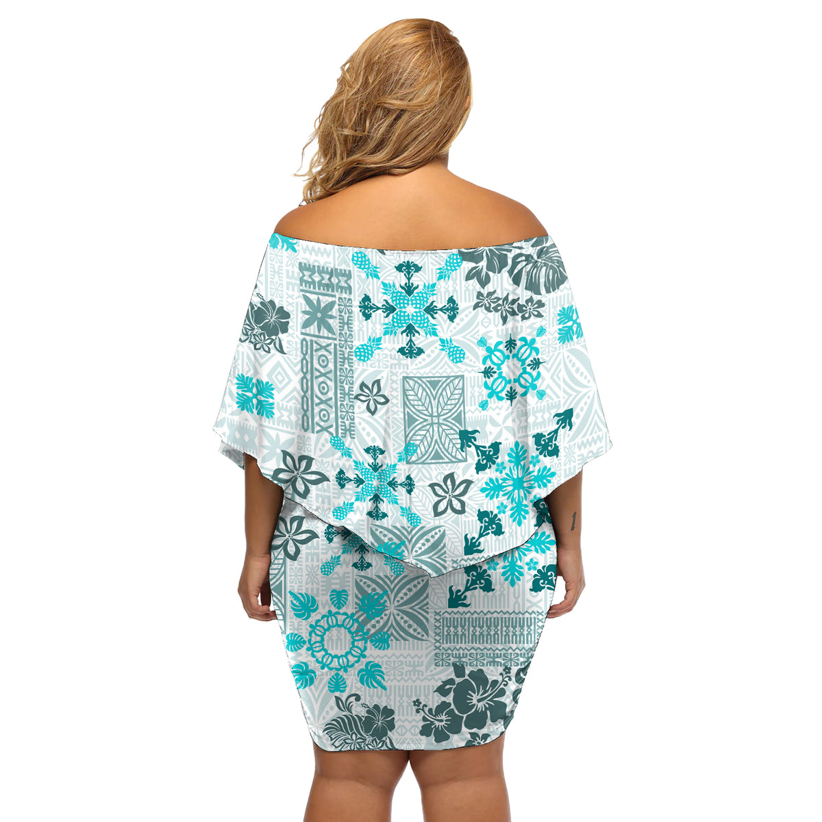 Hawaii Tapa Tribal Off Shoulder Short Dress With Hawaiian Quilt Pattern Aqua - Wonder Print Shop