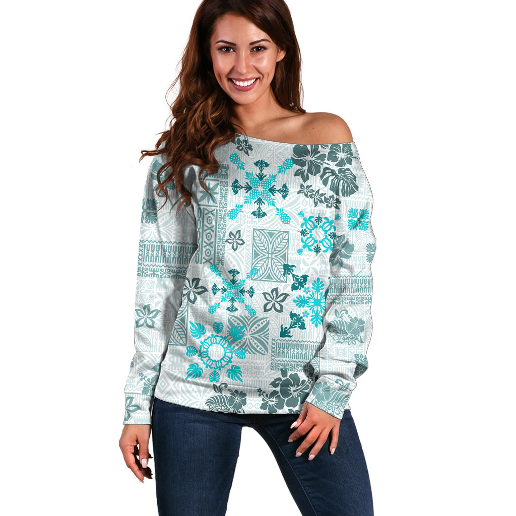 Hawaii Tapa Tribal Off Shoulder Sweater With Hawaiian Quilt Pattern Aqua - Wonder Print Shop