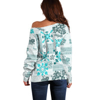 Hawaii Tapa Tribal Off Shoulder Sweater With Hawaiian Quilt Pattern Aqua - Wonder Print Shop
