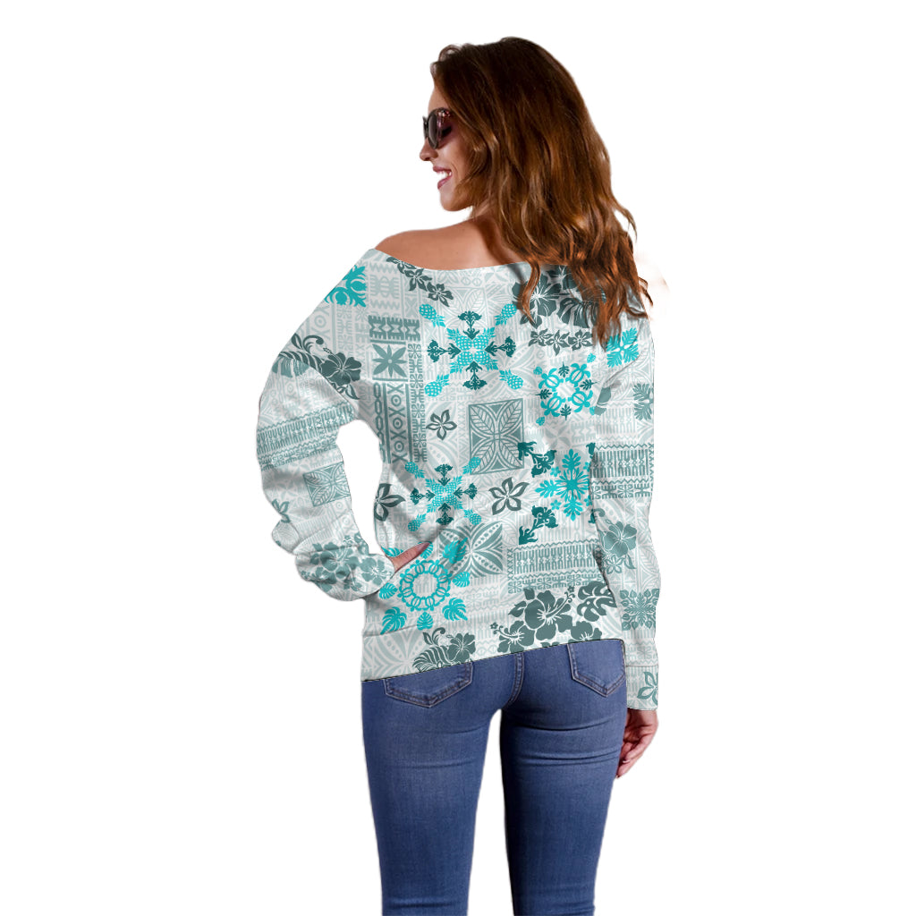 Hawaii Tapa Tribal Off Shoulder Sweater With Hawaiian Quilt Pattern Aqua - Wonder Print Shop