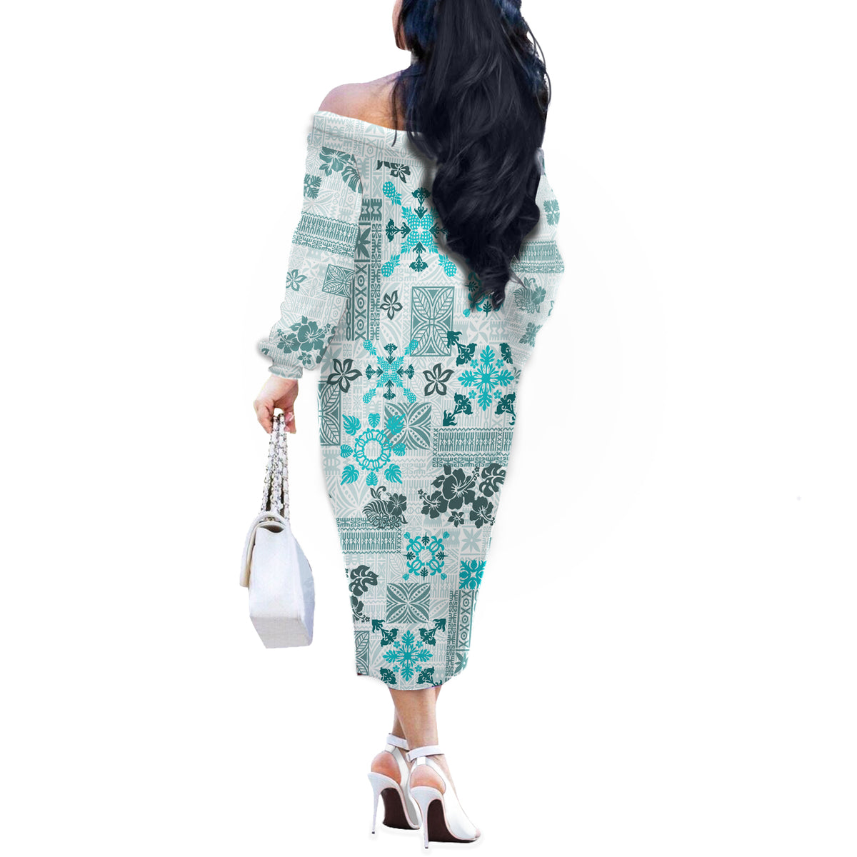 Hawaii Tapa Tribal Off The Shoulder Long Sleeve Dress With Hawaiian Quilt Pattern Aqua - Wonder Print Shop